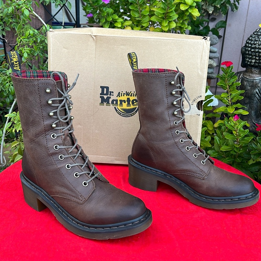 Dr. Martens Granny Style Plaid Lined Mid Calf Lace Up Heeled Brown Leather Boots